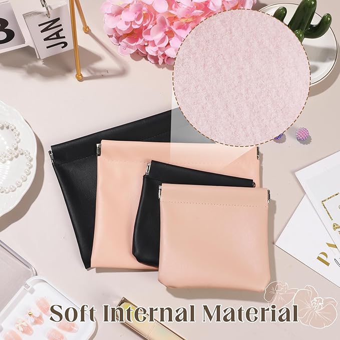 ISKYBOB 4PCS Pocket Cosmetic Bag Squeeze Top, Small Makeup Bag for Purse Portable Mini Coin Change Purse Self-Closing Cosmetic Purse Small Leather Makeup Lipstick Organizer Pouches(BlackPink)