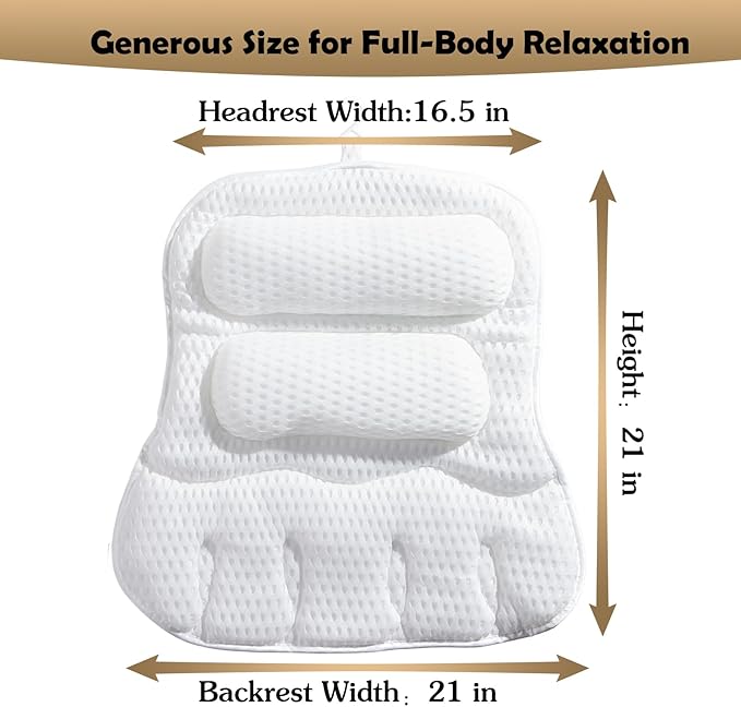 Bath Pillows for Tub, Full-Body Relaxation with Head, Neck & Shoulder Support, Ergonomic Design, 10 Suction Cups, Breathable 4D Air Mesh (White)