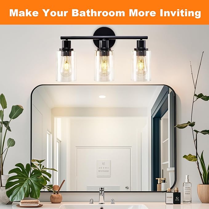 DLLT 3-Light Bathroom Light Fixtures: Black Modern Vanity Lights with 3 E26 Bulbs - Clear Glass Shade Bathroom Wall Lamp for Mirror Kitchen Living Room - 2 Packs