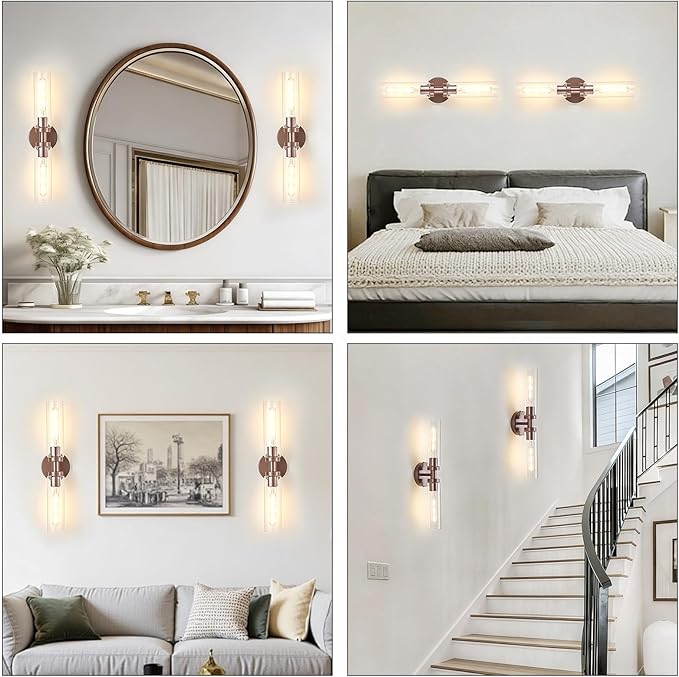 2 Light Bronze Bathroom Light Fixtures Over Mirror, Modern Farmhouse Bathroom Sconce with Clear Glass Shade, Wall Sconce for Bathroom Hallway Cabinet Bedroom Kitchen Living Room Foyer