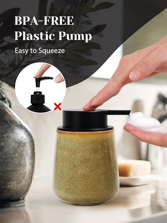 INGOFIN Ceramic Foaming Soap Dispenser - 12 oz Refillable Foam Hand Soap Dispenser Bathroom, Modern Dish Dispenser Pump for Kitchen,Kiln-Glazed Earthy Greenish-Brown