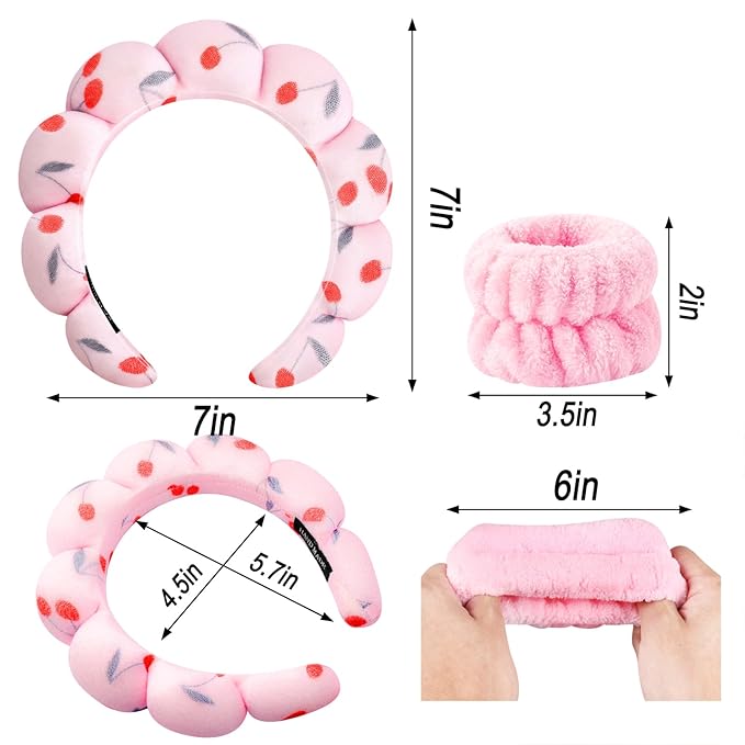 Zkptops Spa Headband for Washing Face Wristband Set Sponge Makeup Skincare Headband Velvet Fabric Bubble Soft Get Ready Hairbands for Women Puffy Headwear Non Slip Thick Thin Hair Accessory (Cherries)