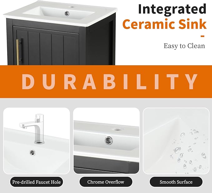 Bellemave 20" Small Bathroom Vanity with Sink, Modern Bathroom Storage Cabinet with Door and Storage Rack, Free Standing Single Basin Vanity with Open Shelf, Undermount Ceramic Sink, Black