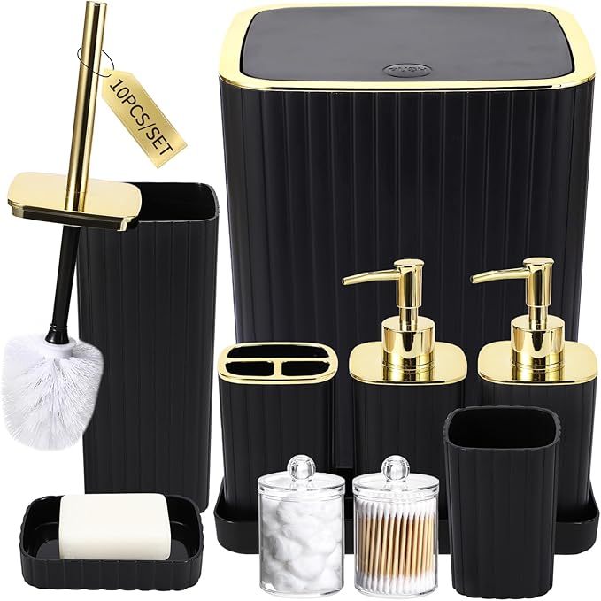 Bathroom Accessories Set - Gorgeous Black Bathroom Set, 10PC Bathroom Accessory Set, Toilet Brush, Trash Can, Qtip Holder & Soap Dispenser