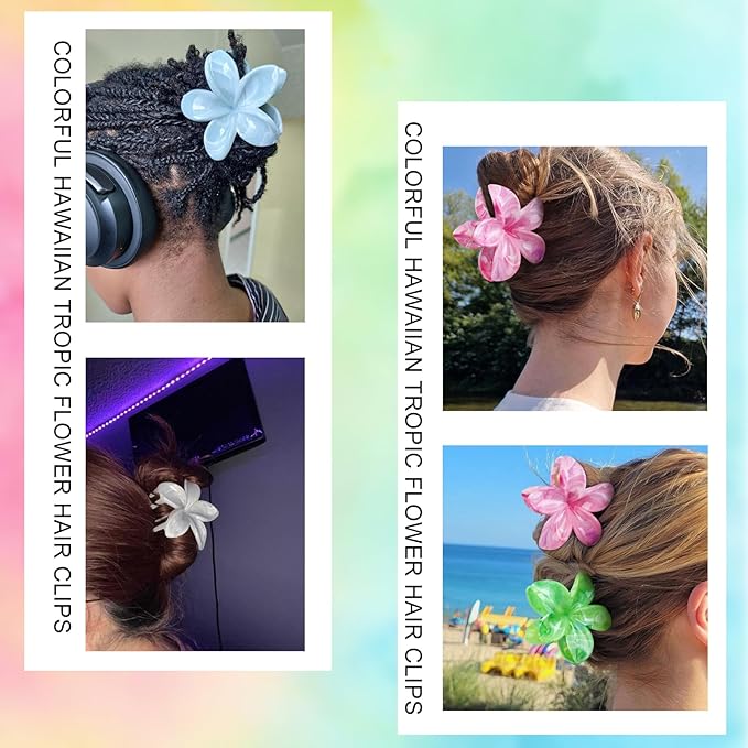 Large Hawaiian Flower Hair Claw Clips for Women, 4Pcs Tropical Plumeria Hair Clips for Thick and Thin Hair, Strong Hold Marble Texture Nonslip Beach Hair Claw Clips Summer Hair Accessories Gift