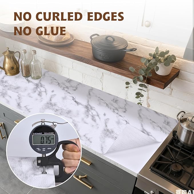 Shelf Liners for Kitchen Cabinets 17in x 30FT, Non Adhesive Drawer Liner Marble Pattern Thickened Shelf Liner Non-Slip Easy to Clean for Tool Box Refrigerator with Knife and Tape Measure