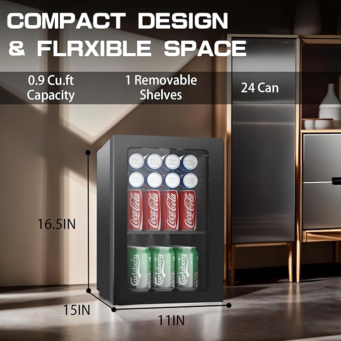 Compact Freestanding Beverage Refrigerator, 24 Can/0.9 Cubic Feet Mini Fridge with Acrylic Front Door for Soda, Beer or Wine, Under Counter Small Refrigerator with Adjustable Shelves for Home