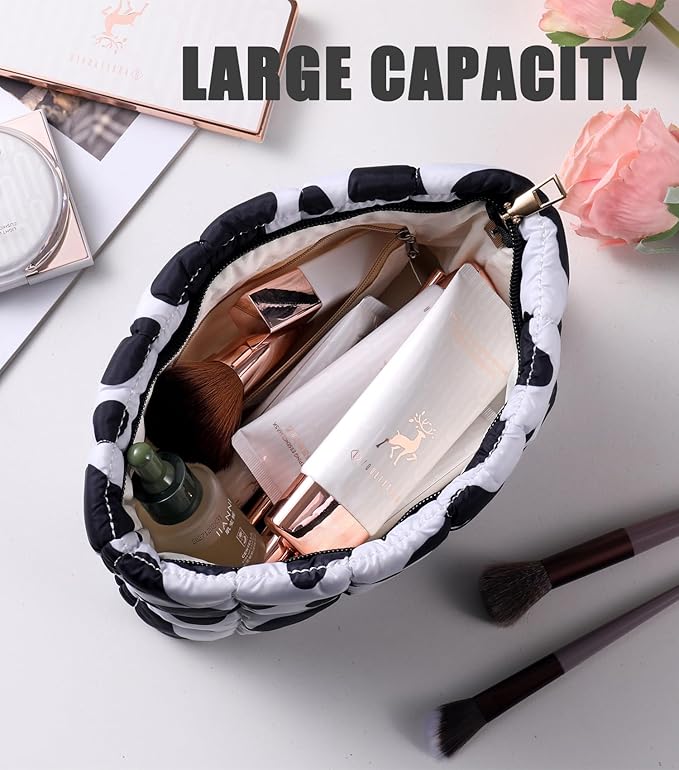 Puffy Quilted Makeup Bag, Cosmetic Bag, Travel Toiletry Organizer Pouch, Clutch for Women (Cow Print)