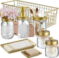 SheeChung 8PCS Mason Jar Bathroom Accessories Set Complete - Soap Dispenser, Toothbrush Holder, 2pcs Qtip Holders, Flower Vase, Soap Holder, Vanity Tray, Toilet Paper Storage, Bathroom Decor - Gold