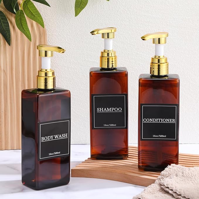 Gejoy 12 Pack Amber Shampoo and Conditioner Dispenser Bottles, 17 Oz/ 500ml Refillable Empty Pump Bottles with Labels and Marker Pen, Plastic Square Pump Dispenser Bottle for Bathroom Body Wash Shower