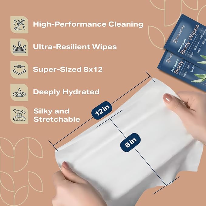 Wet Body Wipes for Adults | Shower Alternative Bathing No Rinse, Large 8” x 12”, 400 Wipes 8 Packs of 50