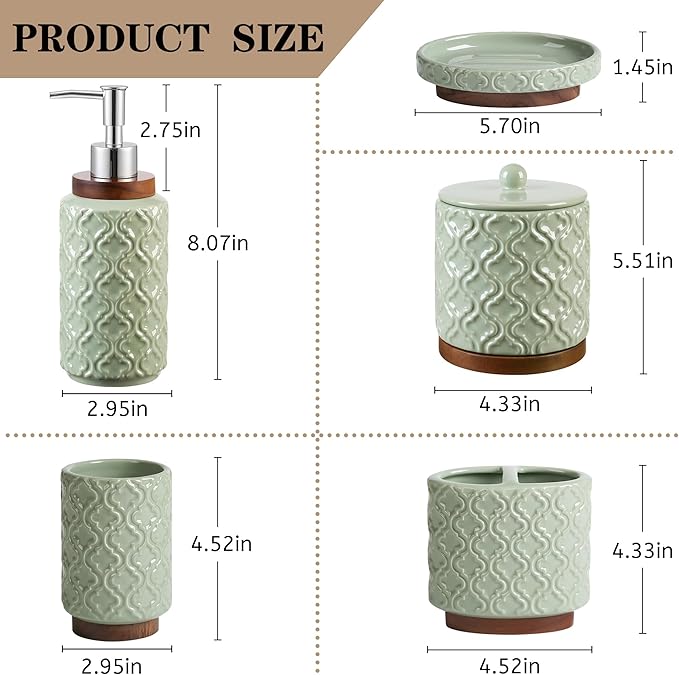 Elegant Bathroom Accessories Set 5 PCS Ceramic and Wood Bathroom Accessory Set Soap Dispenser Toothbrush Holder Tumbler Soap Dish Cotton Swab Jar Easy to Clean Quatrefoil Pattern Green