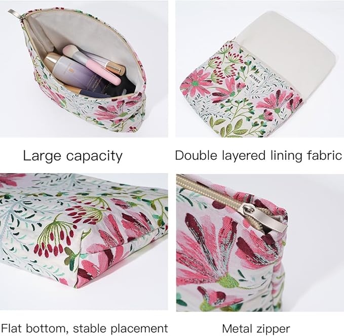 Makeup Bag Small Cute Cosmetic Bags for Women，Floral Travel Toiletry Bag for Purse, Large Canvas Cosmetic Pouch Makeup Organizer Tool Pouch with Zipper（Colorful Plant）
