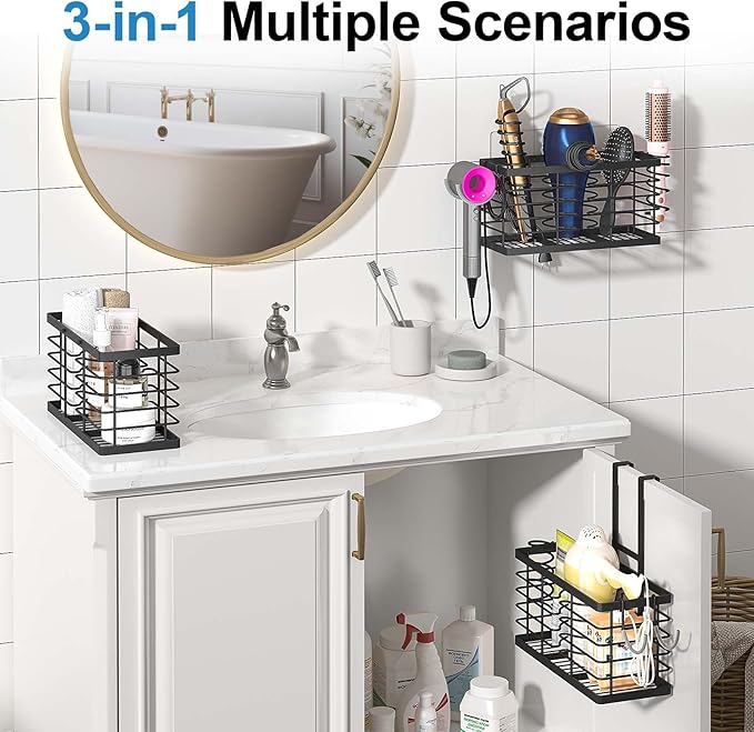 Hair Tool Organizer, 3-in-1 Universal Hair Dryer Holder, Adjustable Height Metal Blow Dryer Holder Wall Mounted/Over Cabinet Door/Free-Standing, 12.2 * 5 * 6.1" (XL Black)