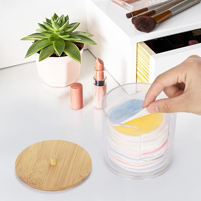 Tbestmax Plastic Cotton Round Holder and Dispenser, Clear Bathroom Organizer Storage for Cotton Pads - Bamboo Lids
