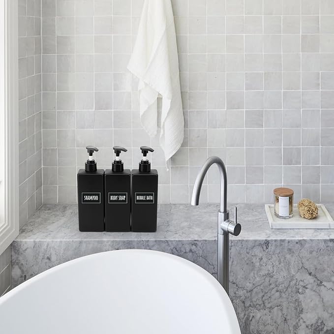 Segbeauty 8 Pack Bathroom Soap and Shampoo Dispenser, Matte Black Plastic Square Body, 16.9oz & 500ml Refillable
