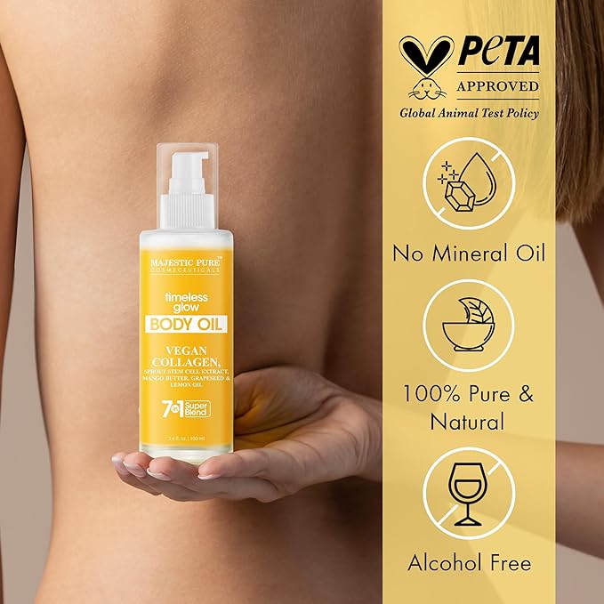 Majestic Pure Timeless Glow Body Oil -100% Pure & Natural Vegan Collagen with Grapeseed, Jojoba, Lemon Oil -After Shower Body Oils for Women and Men - Scented, Radiant, Firming Massage Oil - 3.4 Fl Oz