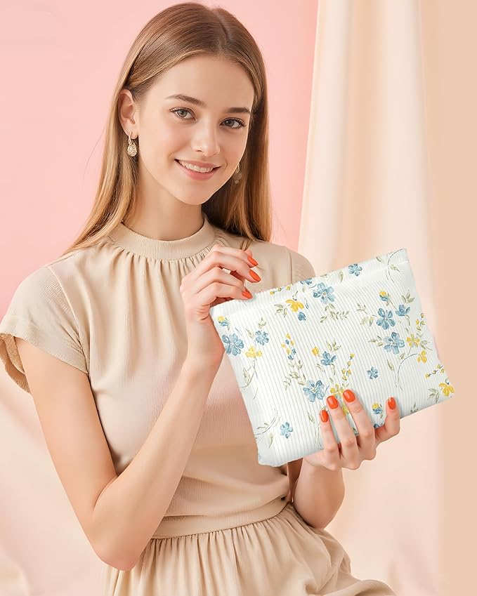 Cute Floral Makeup Pouch for Women Small Make Up Bag for Purse Zipper Initial Makeup Cosmetic Bags Pouches for Purse Aesthetic Travel Toiletry Bags, Elegent Blue Yellow Floral