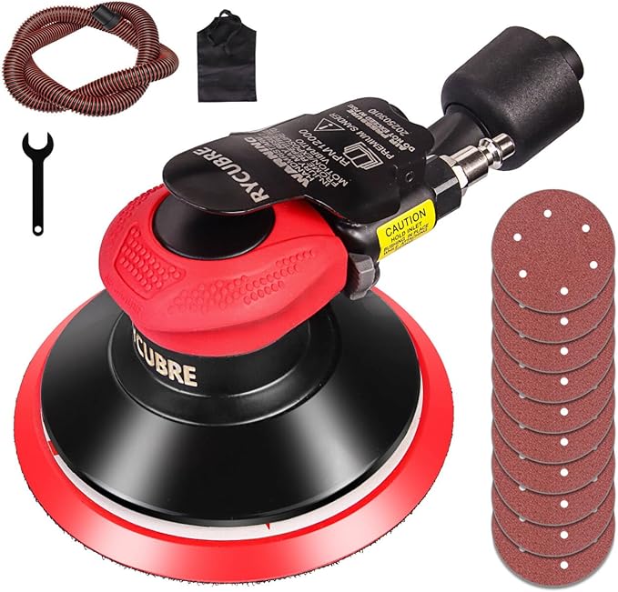 Air Sander with vacuum – 6 Inch DA Palm Sander for auto body, High-Speed Random Orbital Pneumatic Sander for Woodworking & Auto Polishing (including 12 sandpaper + accessories)