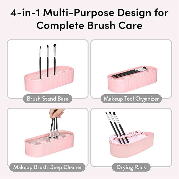 ÉCLAT Makeup Brush Cleaner Mat, 3 in 1 Brush Cleaner Bowl Holder & Cosmetic Tool Organizer Case for Travel, Storage & Air Drying, Portable Make Up Cleaning Tool for Sponges & Powder Puffs (Pink)
