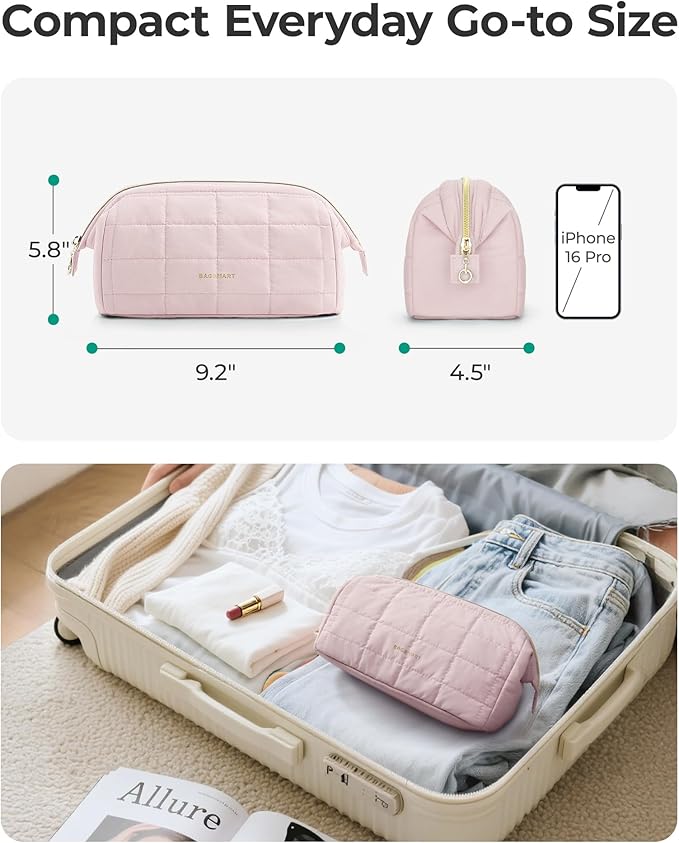 BAGSMART Makeup Bag Travel Cosmetic Bag, Puffy Padded Make Up Bags for Women Makeup Organizer Case, Wide-open Pouch Purse Travel Essentials Toiletries Accessories Brushes, Teal