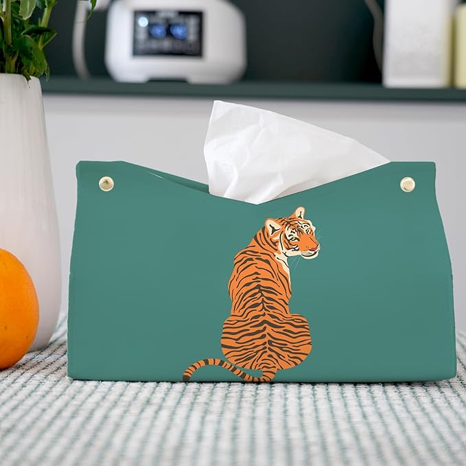 Green Tiger Leather Tissue Box Cover Rectangle,Vintage Tiger Decor Toilet Paper Box Holder,Decorative Facial Paper Case for Farmhouse Living Room Bathroom Kitchen Office Desk,9.8x5.9x5.9In