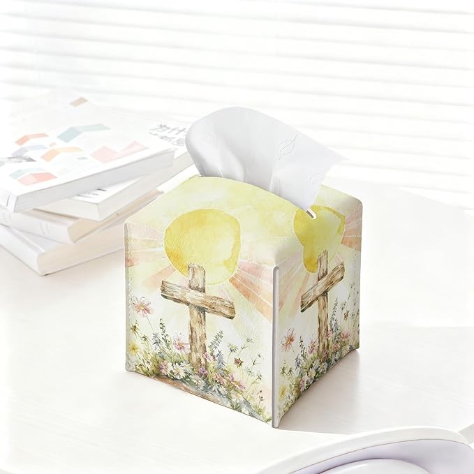 Cross and Wildflowers Tissue Box Cover Square, Religious Easter Waterproof Leather Tissue Box Holder, Cross Paper Facial Tissue Box Covers Cube for Officce Bathroom Home Prayer Room