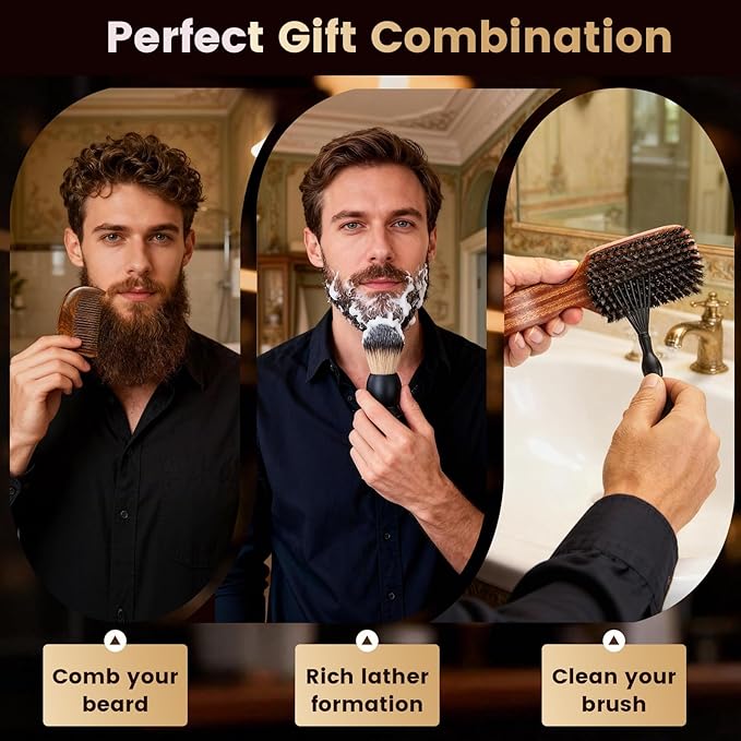 Beard Brush for Men, Natural Boar Bristle Sapele Wood Brush for Beard and Hair, Men's Grooming Kit with Pocket Beard Comb for Facial Hair Styling, Growth, Shine