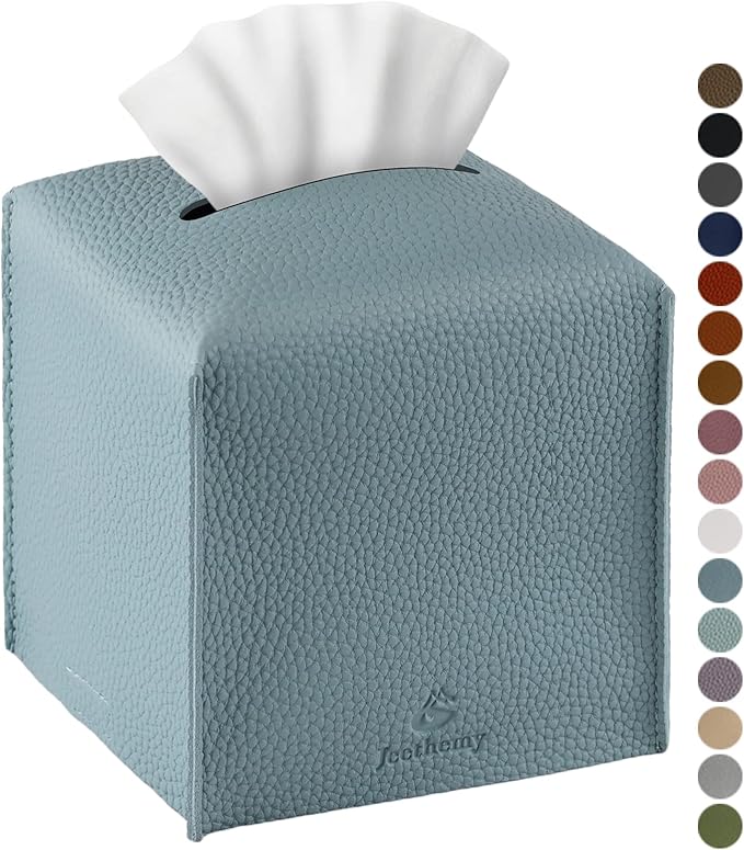 Tissue Box Cover, Jeethemy Square PU Leather Tissue Box Holder, Modern Tissue Case Facial Paper Organizer Dispenser，5X5X5'',Single Blue