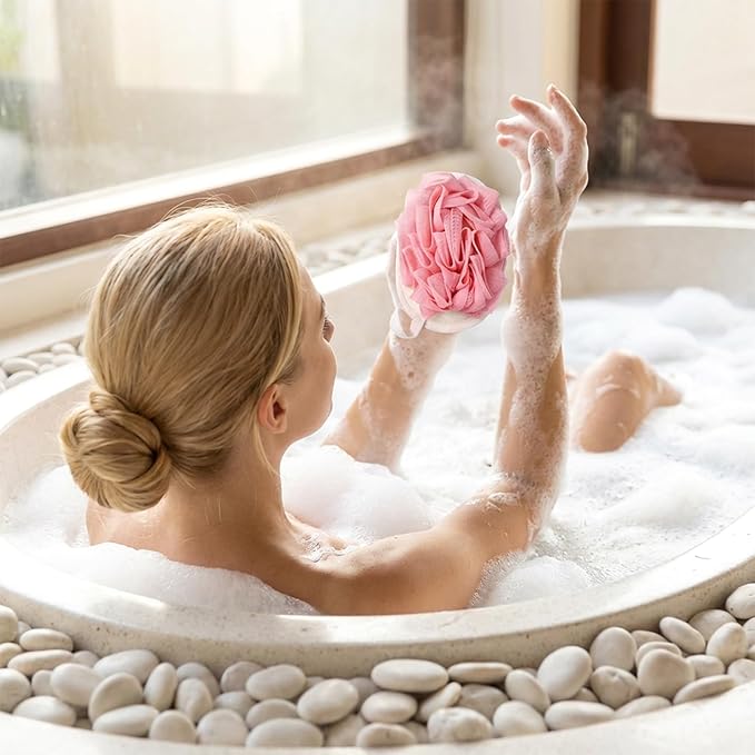 2PCS Pink Loofah Sponge - Exfoliating Loofah for Women & Men, Natural Body Face Scrubber Sponge, Bath Accessories for Travel Skin Care and Cleansing