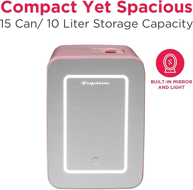 FRIGIDAIRE Mini Personal Fridge Cooler, LED Lighted Mirror, 6.5L Capacity, 9 Cans, 100% Freon-Free & Eco Friendly, for Makeup, Skincare, Portable, Pink