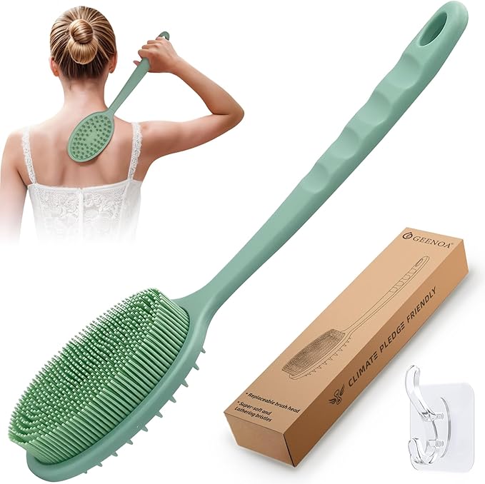 Silicone Back Washer for Shower, Gentle Silicone Back Scrubber for Lathering, Soft Silicone Loofah Bath Brush with Dual-Side & Detachable Brush Head, Good for Sensitive Skin(Green)