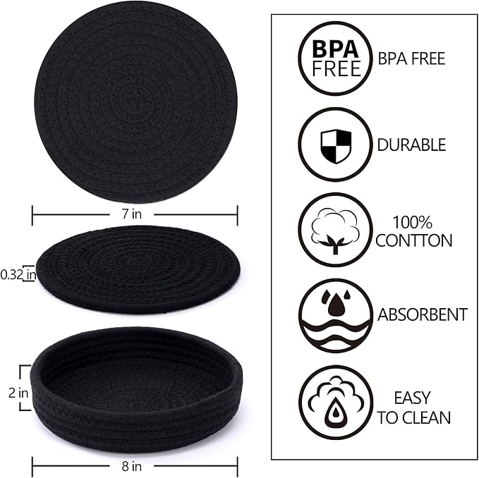 Coga Trivets for Dishes, Pots and Pans, 7 Inch Hot Pads 5 Pcs with Storage Basket for Countertops, Pot Holders for Kitchen, Cotton Table Protector Hot Mats Heat Resistant (Black)