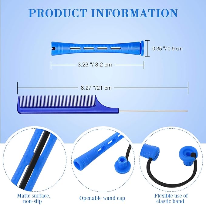 WILLBOND 96 Pcs Hair Perm Rods Plastic Cold Wave Perming Rod for Short Long Hair Curlers Heatless Roller with 2 Steel Pintail Rat Tail Comb for Hairdressing Styling Tool(0.35 Inch/ 0.9 cm,Blue)
