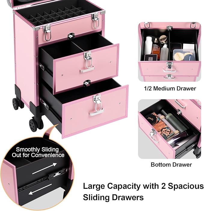 3 in 1 Rolling Makeup Case, Professional Cosmetology Case on Wheels, Detachable Clear Makeup Bag & Nail Polish Organizer, Portable Makeup Trolley with Drawers for Makeup Artists & Nail Technicians