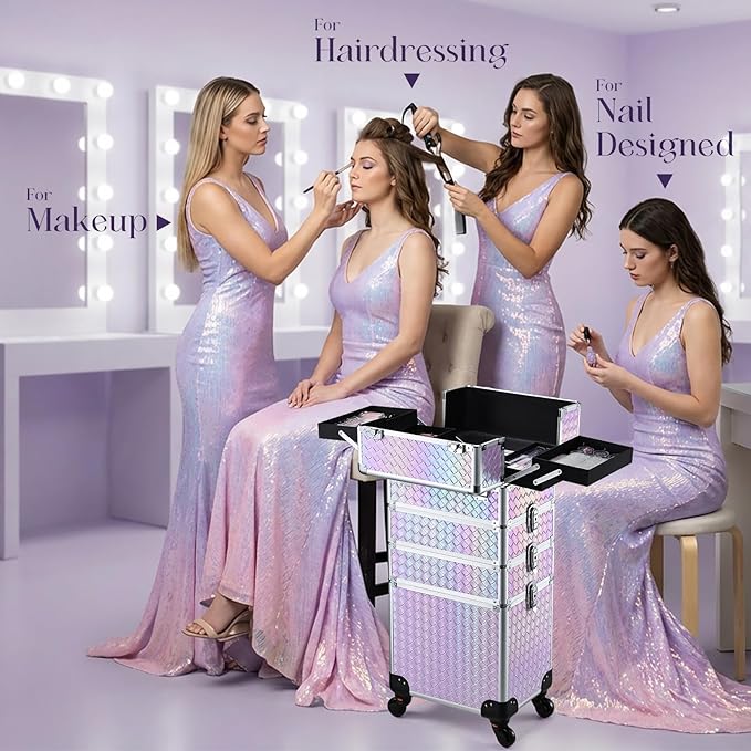 Stagiant Rolling Makeup Case Cosmetology Case on Wheels 4 in 1 Makeup Travel Case Extra Large Cosmetic Box with Key Make Up Artist Traveling Storage Nail Case Salon Barber Cart Trunk Pinkish Purple