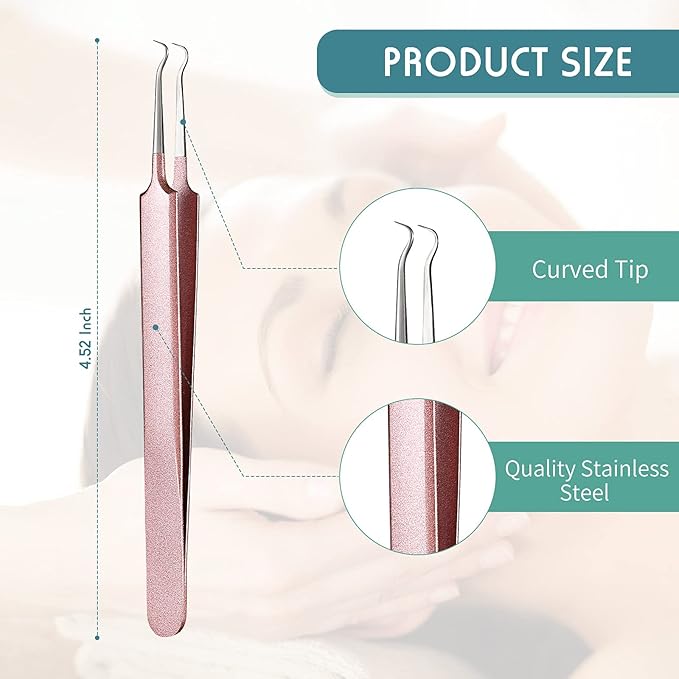 Honoson 3 Pcs Blackhead Tweezer Stainless Steel Pimple Tweezers Extractor Tool for Remove Zit Whitehead Pimple Bend Curved Tweezer Skin Blackhead Remover Tools(Champagne Purple)