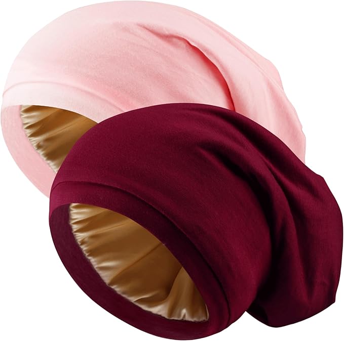 2 Pcs Adjustable Silk Hair Bonnet for Sleeping, Satin Lined Sleep Cap for Women and Men, Silk Hair Wrap Slouch Beanie.