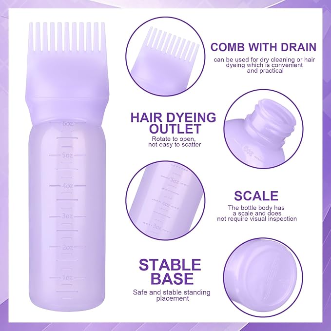 Root Comb Applicator Bottle Oil Applicator for Hair Dye Hair Oiling Bottle with 2 Types Caps and Graduated Scale, 6 Ounce (Purple)
