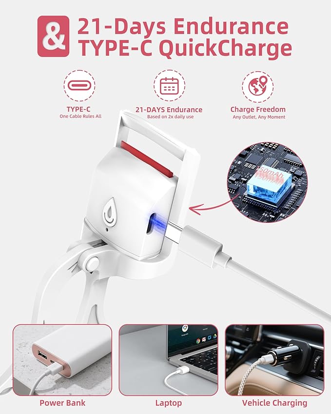Heated Eyelash Curler, 5s Fast Heating Electric Eyelash Curler, Safe Anti-Burn Eyelash Curlers with Silicone Pad, Type-C Quick Charge, Intelligent Temp Control, 24H Long-Lasting Curls (White)