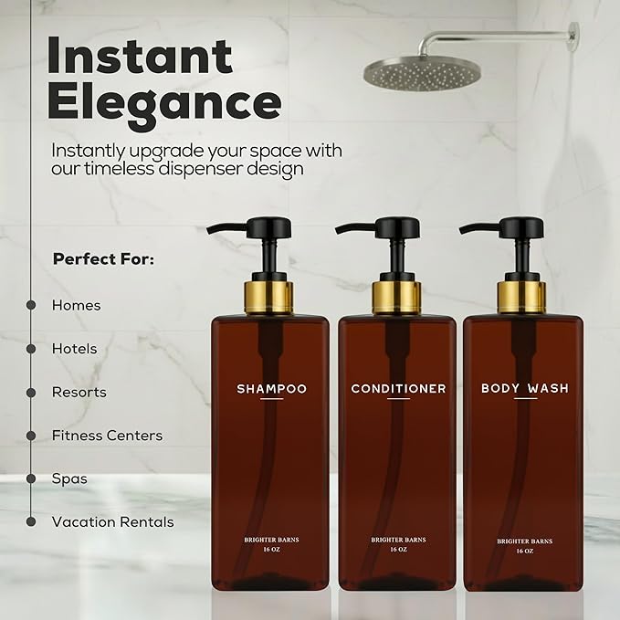 Amber Shampoo and Conditioner Dispenser Set by Brighter Barns - Empty Body Wash Bottle with Pump - Refillable Shampoo Dispenser for Shower, Guest Bathroom, Spa, Airbnb Decor, Housewarming Gift (Amber)