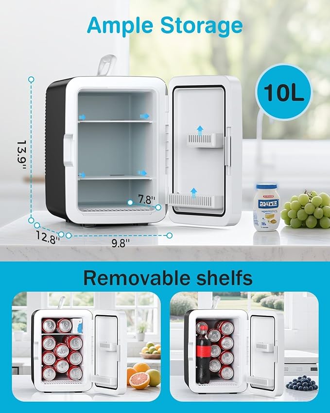 Compact Mini Fridge, Portable Small Refrigerator with AC/DC Adapters, 10 Liter / 2.6 Gal Small Cosmetics Cooler for Beverage, Food, Skincare, Bedroom, Office and Car, Black