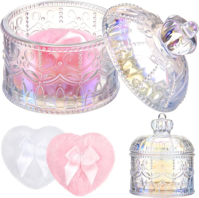 Tioncy 3 Pcs Large Body Powder Puff and Container Valentine's Day gift Powder Container with Puff Crystal Case Soft Washable Reusable Velour Face Body Glitter Wet Dry Makeup(Crown,Glitter)