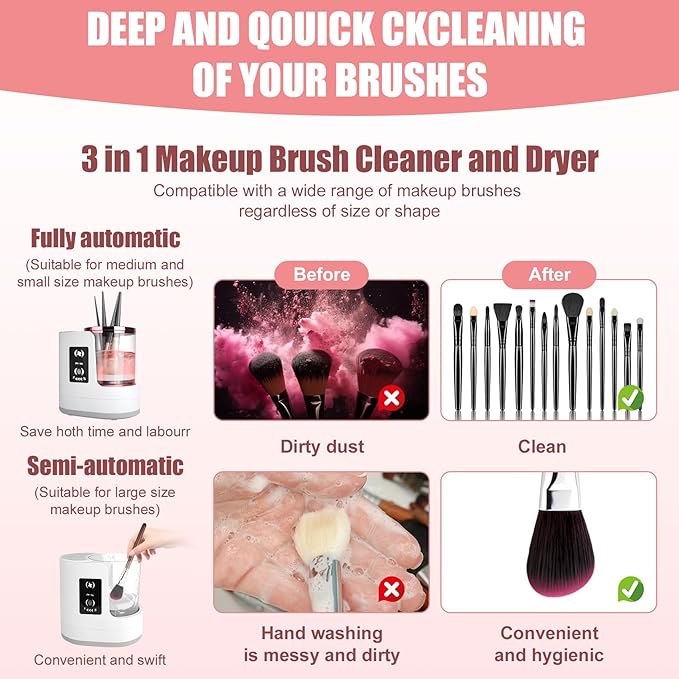 3 IN 1 Electric Makeup Brush Cleaner,Automatic make up brush cleaner machine with Makeup Brush Dryer,Portable USB Deep Cleaning for All Size Beauty Makeup Brush Set,Blush Brush,Sponges