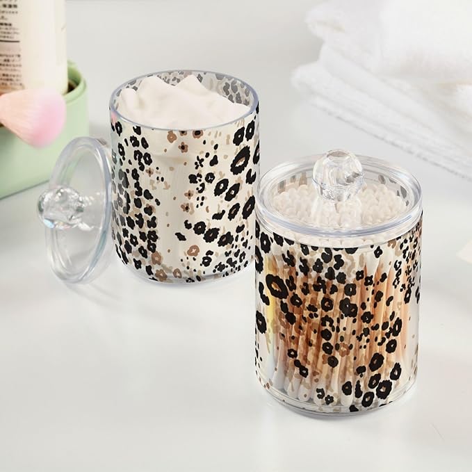4 Pack Qtip Holder Dispenser Brown Floral Leopard Print Cotton Ball Cotton Swab Round Pads Floss Clear Bathroom Storage Containers Plastic Apothecary Jars