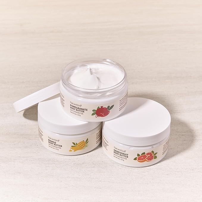 NATURE WELL Shea Body Butter Variety Pack, Includes Grapefruit, Mango, & Pomegranate, Provides Ultimate Nourishment & Hydration, 3 Pack (8 Oz Ea)