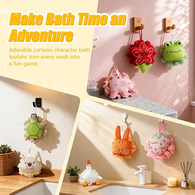 Kids Loofah, Cute Cartoon Animal Kids Bath Sponge with Hanging Rope, Soft Double Mesh for Rich Lather (Little Turtle)