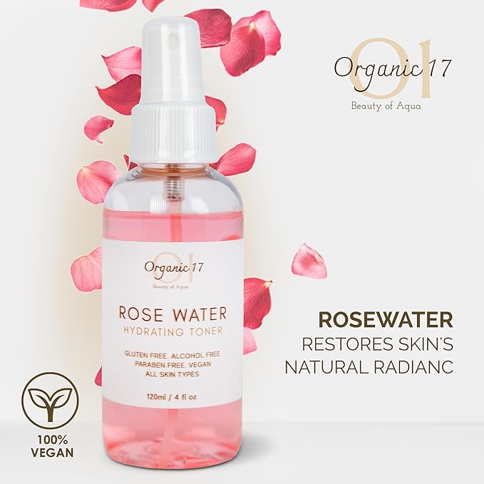 Rose Water Hydrating Toner Spray – Organic Aloe Vera & Hibiscus Face Mist, Alcohol Free & Dermatologist Tested for Sensitive & All Skin Types – 120ml
