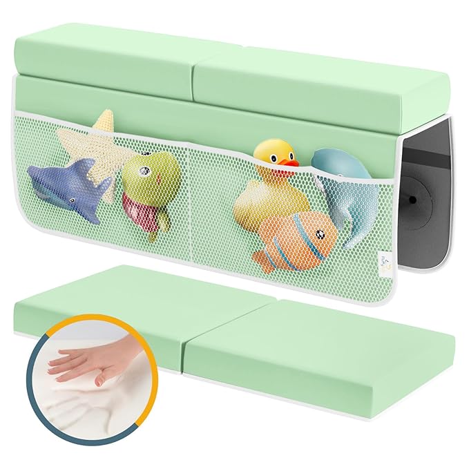Bath Kneeler and Elbow Rest Pad Set, 2-Inch Thick, Memory Foam, Water-Resistant Mat – Baby Bath Time Essentials Cushion and Bath Kneeling Pad for Bathing Baby with Bathtub Toy Organizer (Mint Green)