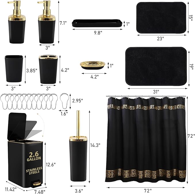 Bathroom Sets with Shower Curtain and Rugs Black Bathroom Accessories Bathroom Set,Soap Dispenser & Toilet Brush Holder Set with Stainless Steel Trash Can